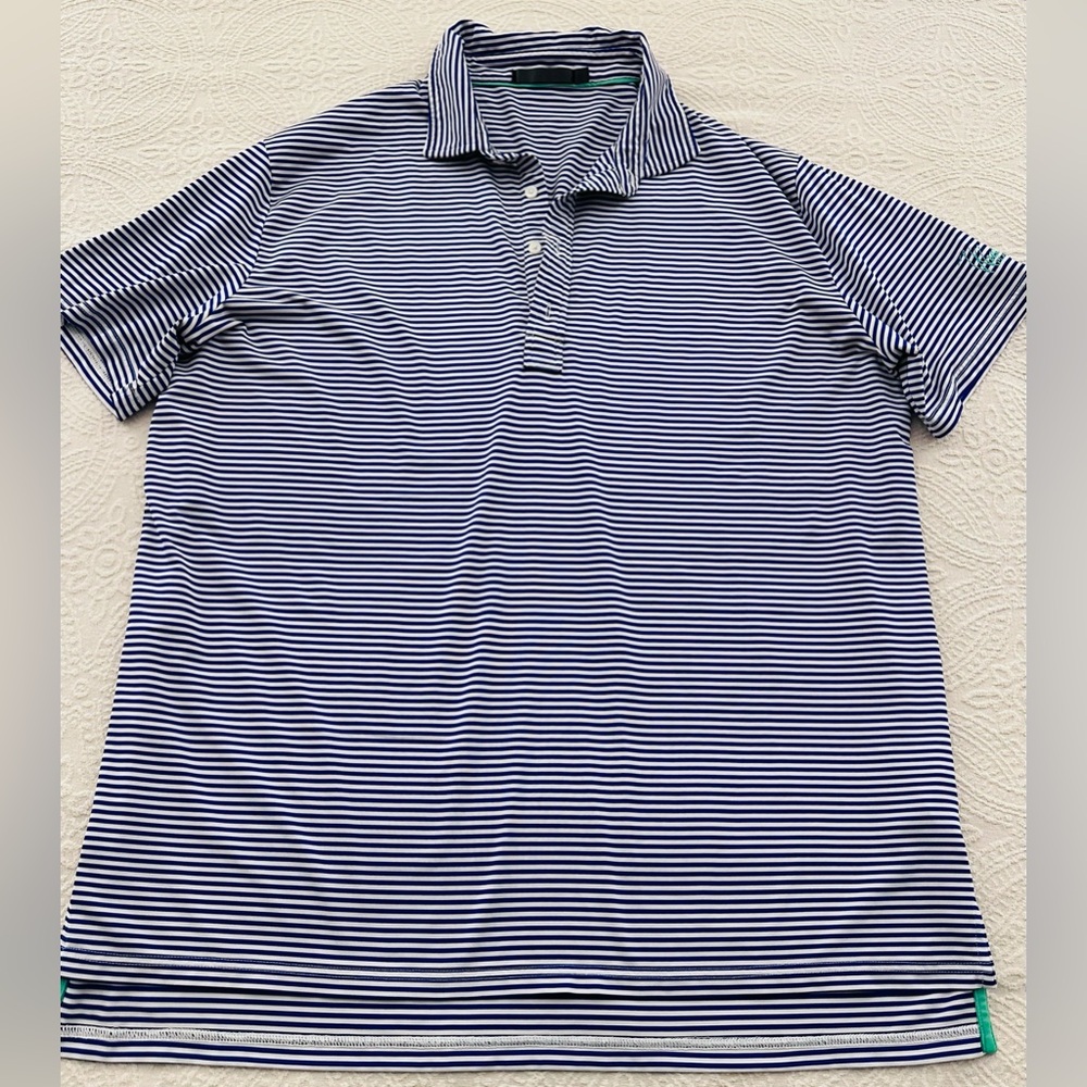 Men’s RLX Golf Shirt Short Sleeve Blue White Striped Size L XL (see measurements